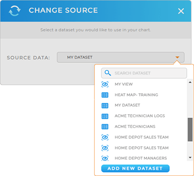Screenshot of the Change Data Source lightbox in Mapline, showing the drop-down menu where you select the desired source dataset