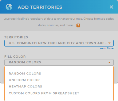 Color-code your Combined New England City and Town Areas territory map in seconds
