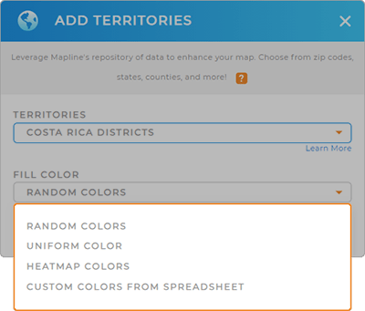 Color-code your Costa Rica district territory map quickly