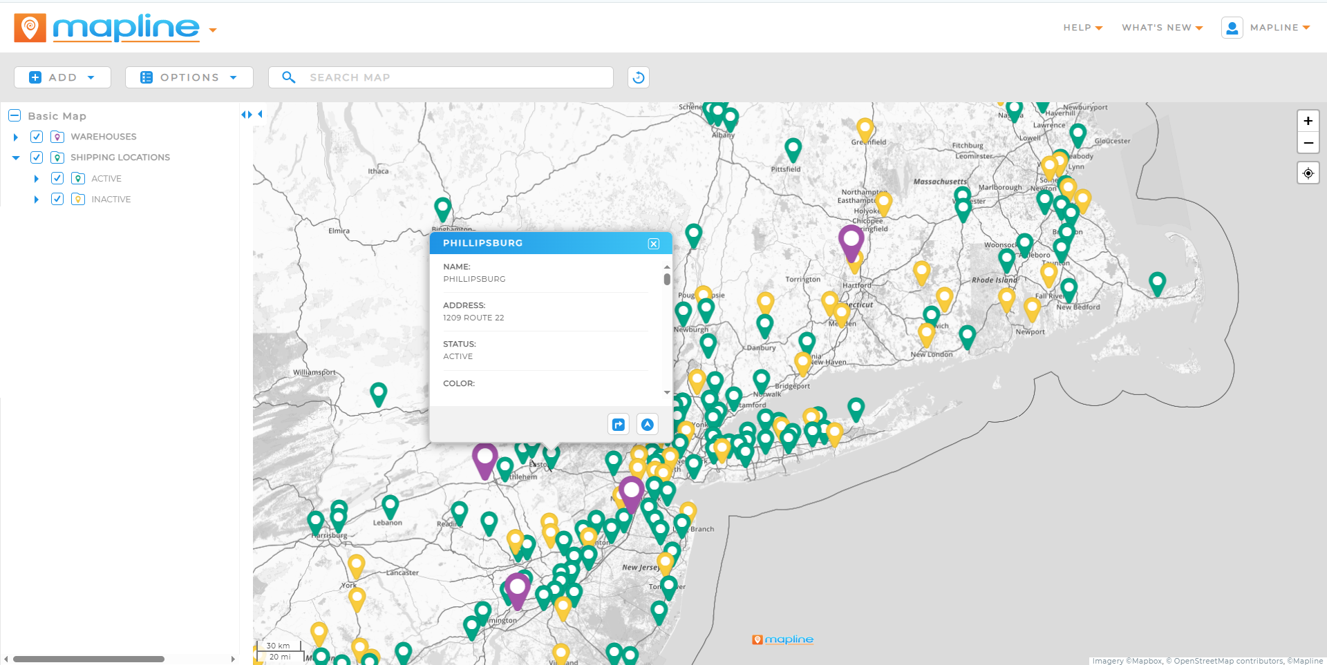 Map showing Active and Inactive locations