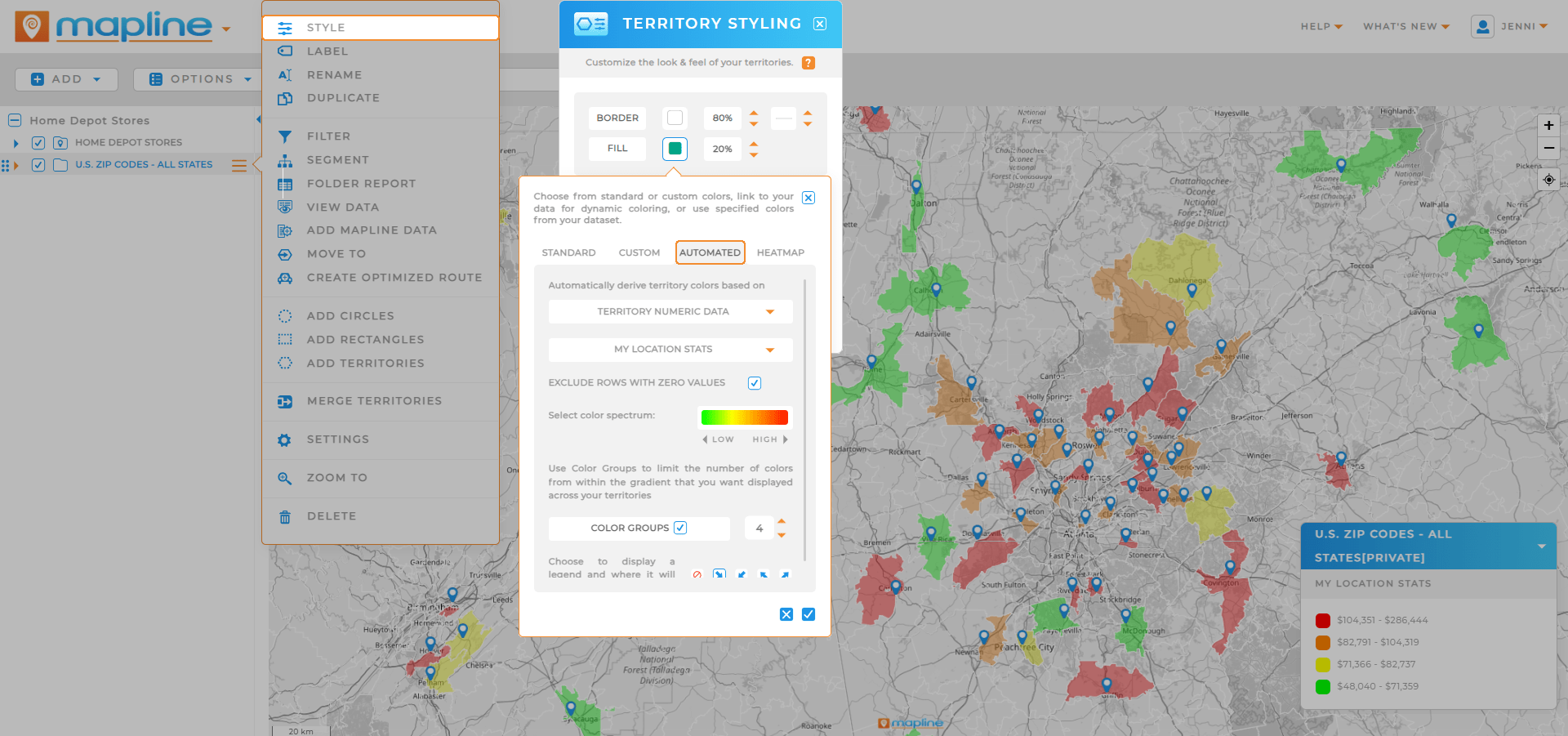 create a zip code heat map in mapline
