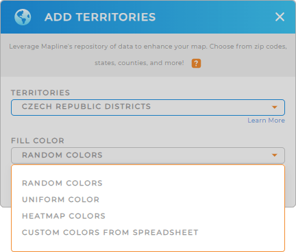 Color-code your  Czech Republic Districts territory map in seconds