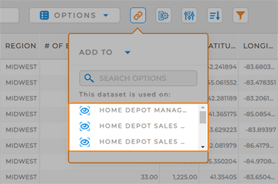 screenshot of the dependencies drop-down menu in Mapline datasets, with the dependent visualizations highlighted