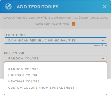 Color-code your Dominican Republic Municipalities territory map in seconds