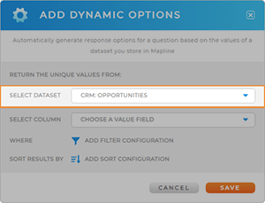 Screenshot of the Add Dynamic Options lightbox in Mapline, with 'Select Dataset' highlighted