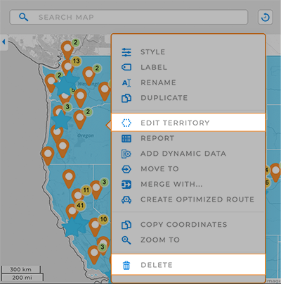 Mapline territory menu with EDIT and DELETE highlighted