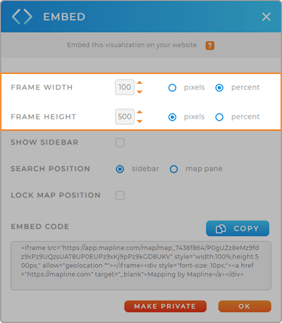 Screenshot of the Embed lightbox in Mapline, with the Frame section highlighted