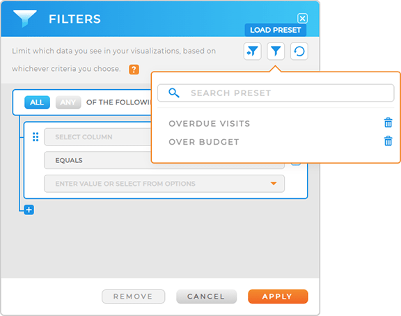 Screenshot of Mapline Filters on a dashboard, with Filter presets available