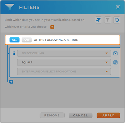 Screenshot of the Filters lightbox in Mapline, with 'Any or All' highlighted