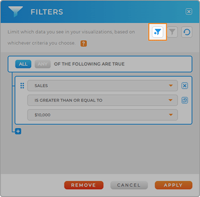 Screenshot of the Filters lightbox in Mapline, with the 'save as preset' button highlighted