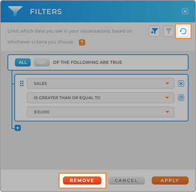 Screenshot of the Filters lightbox in Mapline, with the Refresh or remove button highlighted highlighted