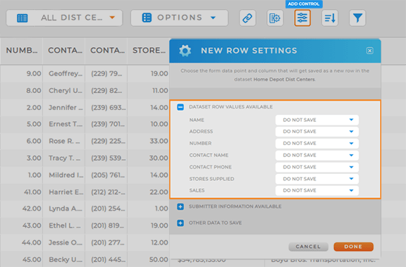 Screenshot of the Form Button Settings lightbox in Mapline, with row settings highlighted