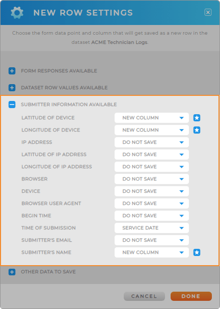 Screenshot of the Form Button Settings lightbox in Mapline, with row settings highlighted