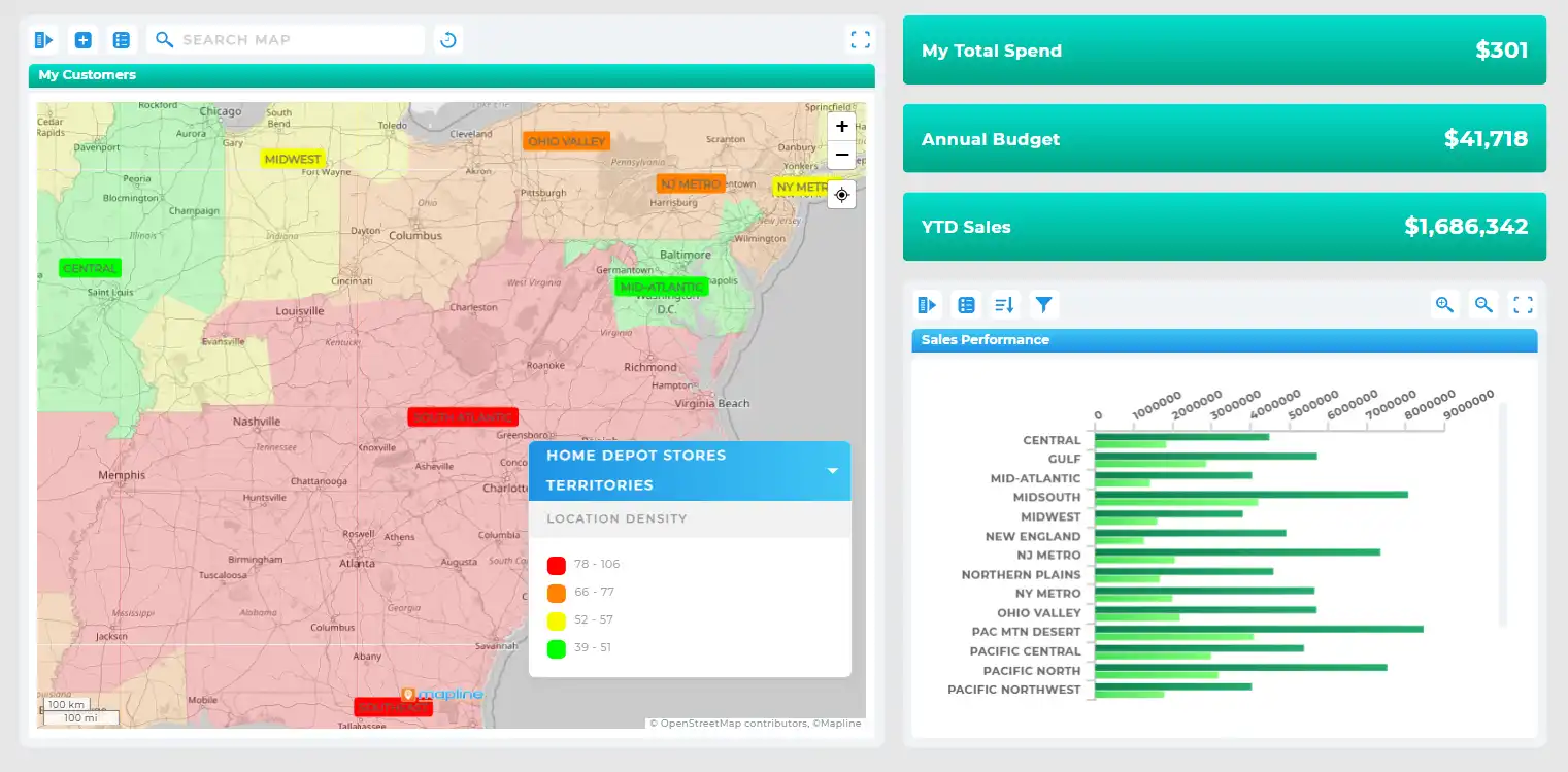 Geo BI dashboard showing territory reporting