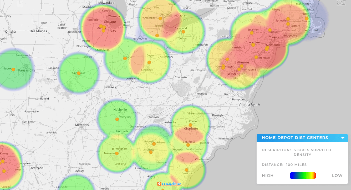 instantly visualize customer hotspots with Mapline’s heat mapping