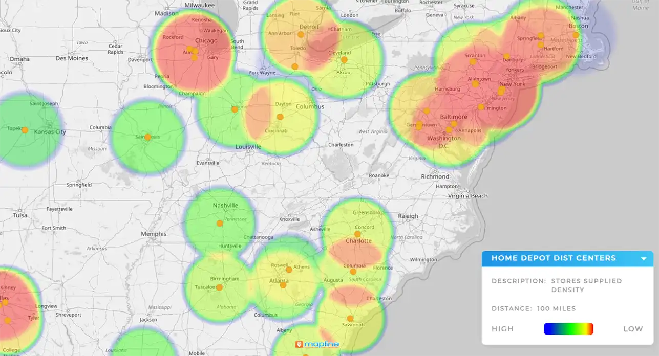 instantly visualize customer hotspots with Mapline’s heat mapping