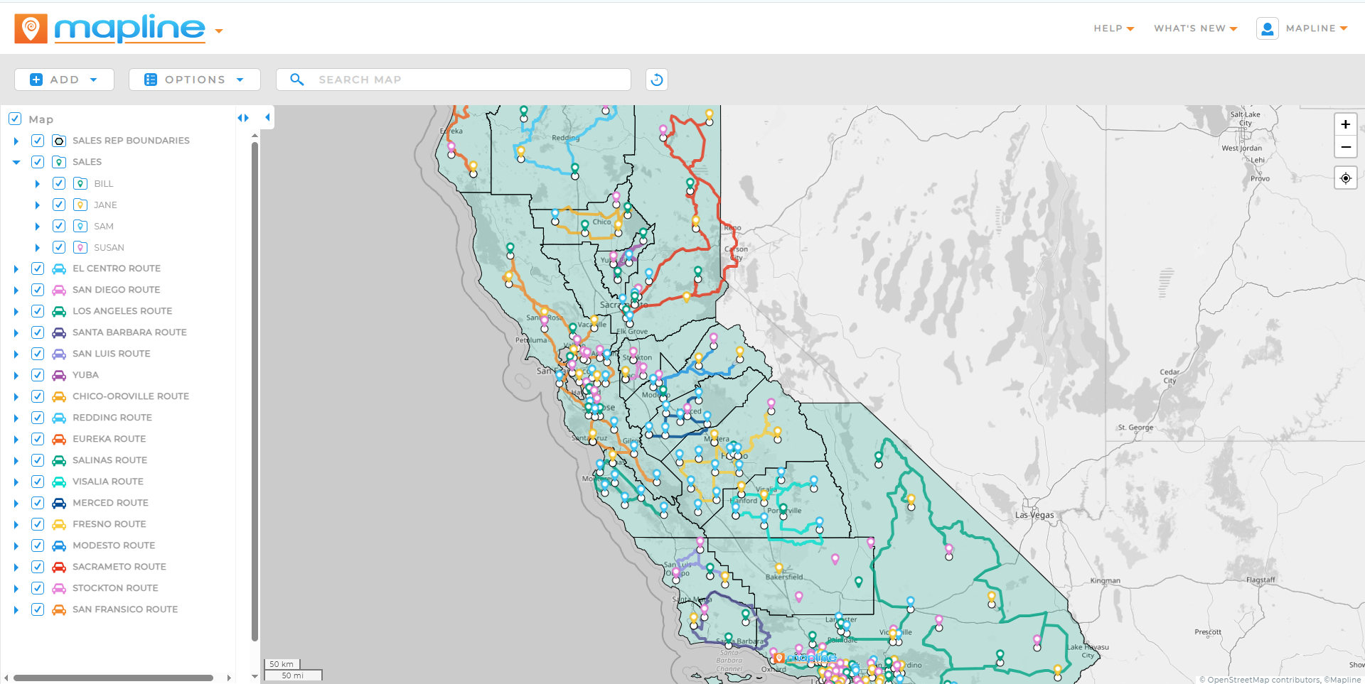 A Map with Route, Pin, and Territory Layers