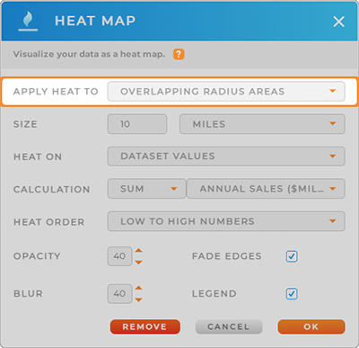 Screenshot of the Heat Map lightbox in Mapline, with the Apply Heat To section highlighted