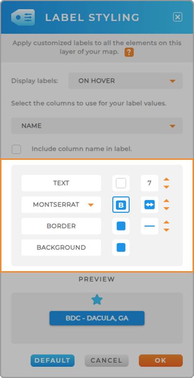 Screenshot of the Labels lightbox in Mapline, with the appearance section highlighted