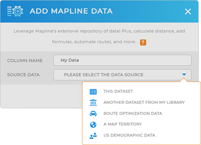 Screenshot of the Mapline Data lightbox in Mapline, showing all the options for source data.
