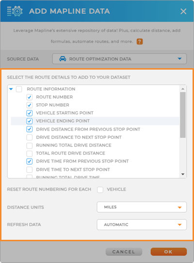 Screenshot of advanced routing configurations under Mapline data, with the Route Requirements section highlighted