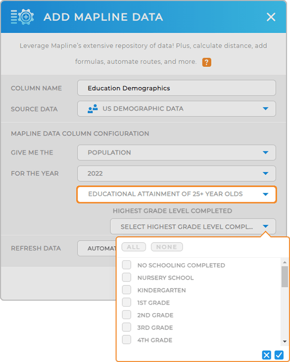 Screenshot of the Mapline Data demographics lightbox, with educational data highlighted