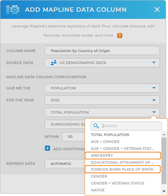 Add U.S. Demographic data by ancestry or birth country in Mapline