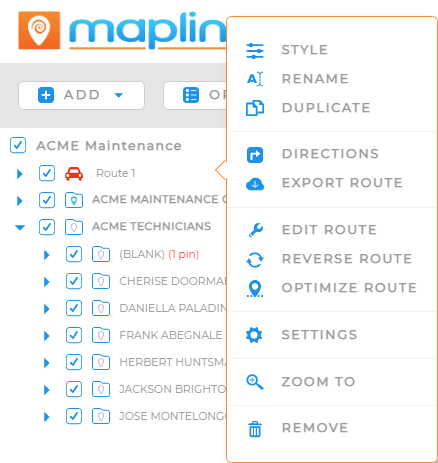 Mapline Coverage Areas lightbox, with the radius section highlighted