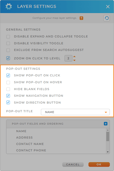 Screenshot of the Pin Layer Settings lightbox in Mapline, with the Pop-Out settings section highlighted.
