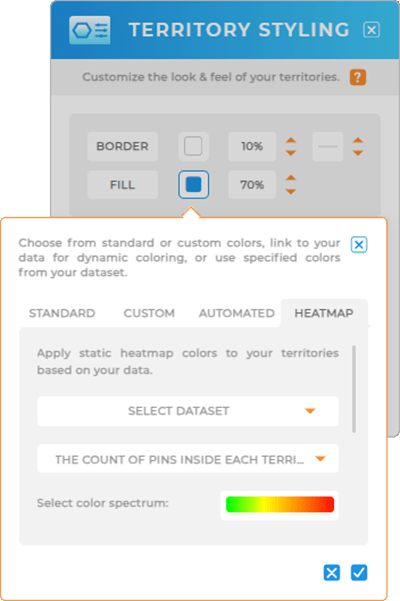 Screenshot of the Territory Styling lightbox in Mapline, with the 'heatmap' tab open.