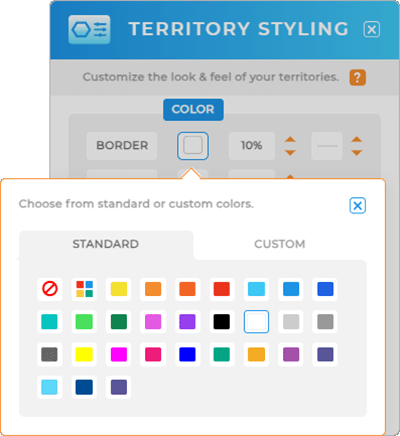 Screenshot of the Territory styling lightbox in Mapline, with the Fill color section highlighted