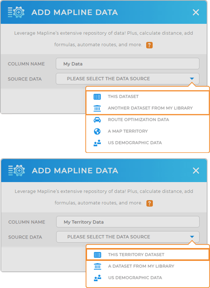 Screenshot of the Mapline Data lightboxes, with source data options highlighted