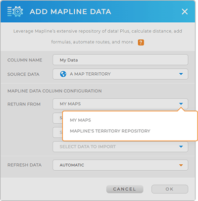 Screenshot of Mapline Data lightbox, showing the different types of territory data users can leverage.