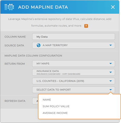 Screenshot of Mapline Data lightbox, with map territory configurations highlighted