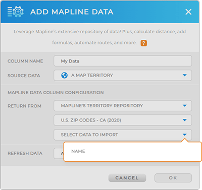 Screenshot of Mapline Data lightbox, with 'Mapline's territory repository' highlighted