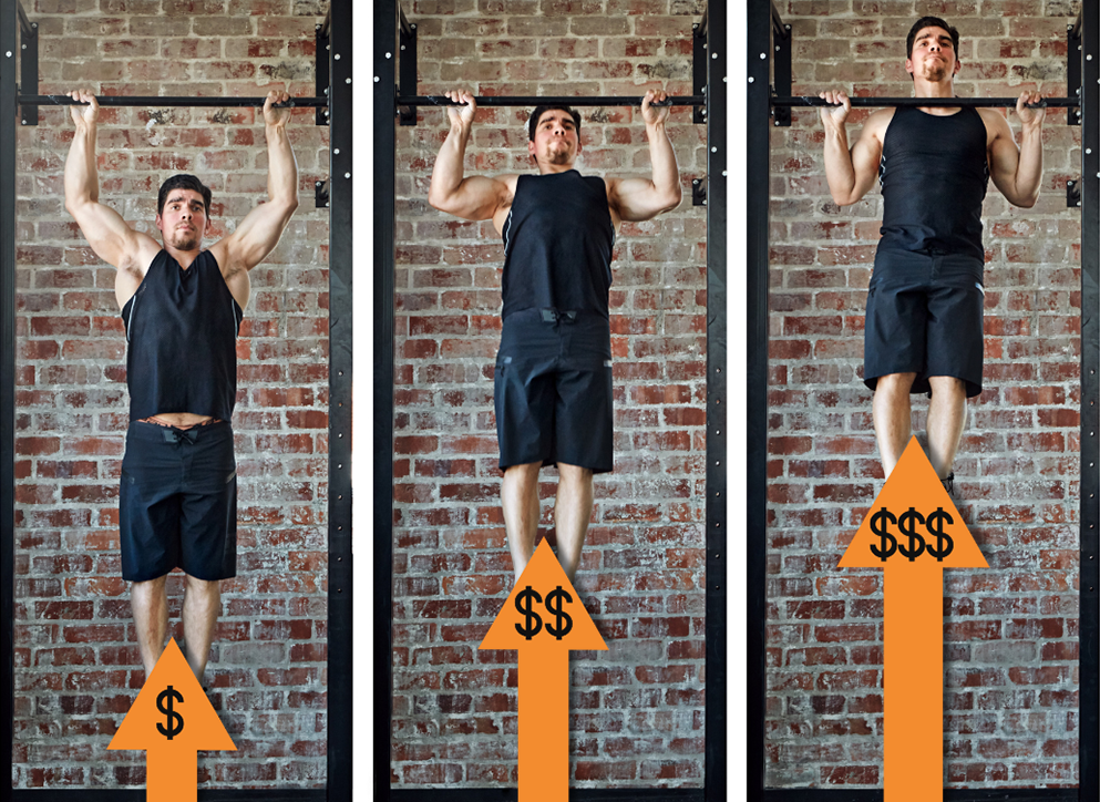 Man doing pullups with a chart showing increasing revenue