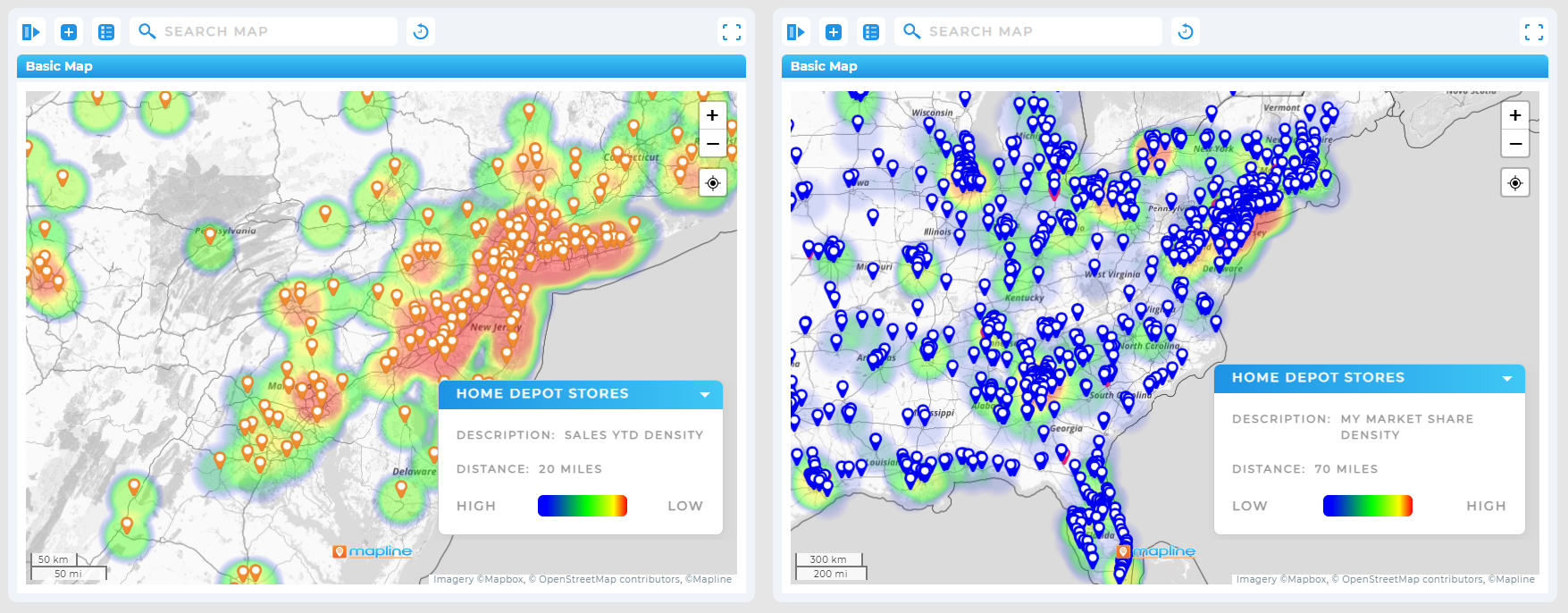 Performance analysis map- compare campaigns with Mapline's geo mapping