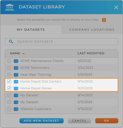 Screenshot of the 'Dataset Library' lightbox in Mapline, where you select which dataset you'd like to plot on your map. This is a great way to add pins to your map!