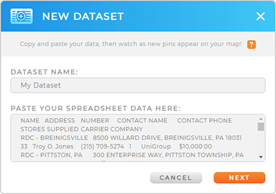 Screenshot of the 'New Dataset' lightbox in Mapline, where you copy and paste your spreadsheet data to auto-generate pins on a map.