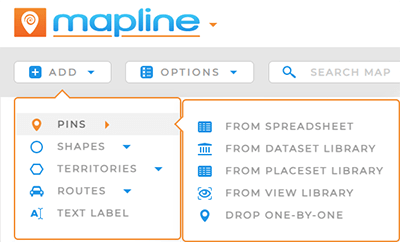 Screenshot of the 'Add' menu in Mapline, with 'Pins' highlighted