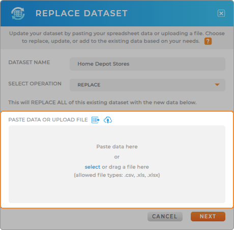 Screenshot of the Replace Dataset lightbox in Mapline