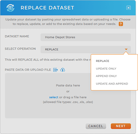 Screenshot of the Replace Dataset lightbox in Mapline