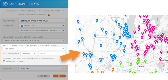 Mapline Data lightbox, with PROVIDE TOTAL VALUE FOR GROUP highlighted