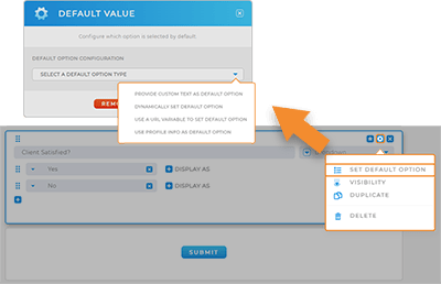 Screenshot of the answer settings in Mapline Forms, with the Default Value lightbox open