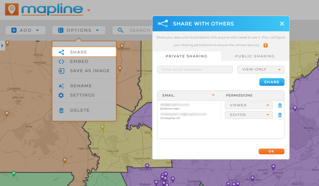 Share or embed Mapline maps