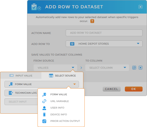 Source types for workflows: add row to dataset