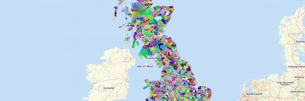 A color-coded UK postcode boundaries map from Mapline