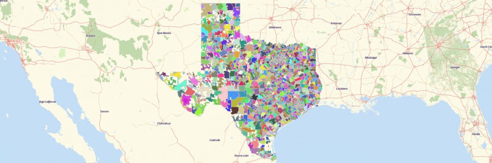 A colorful US ZIP code map showing territories across the state of Texas