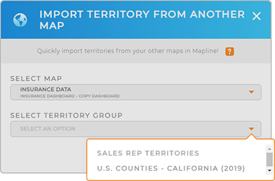 Screenshot of the Import Territories lightbox in Mapline, with a list of maps highlighted