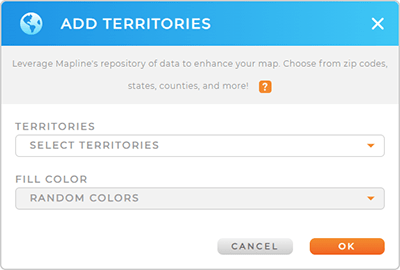 Screenshot of the Add Territories from Mapline's Repository lightbox in Mapline